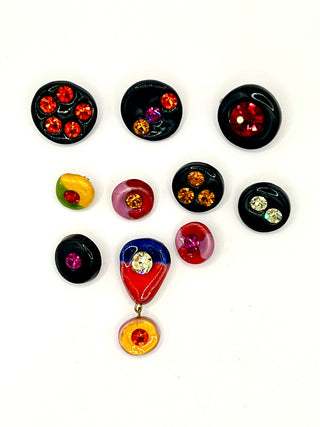 Unusual Vintage 1990s Todd Oldham Porcelain & Swarovski Crystal Button Lot of 10