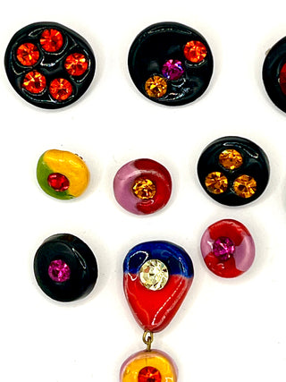 Unusual Vintage 1990s Todd Oldham Porcelain & Swarovski Crystal Button Lot of 10