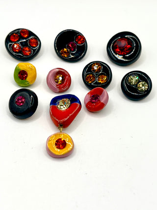 Unusual Vintage 1990s Todd Oldham Porcelain & Swarovski Crystal Button Lot of 10
