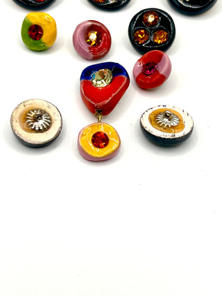 Unusual Vintage 1990s Todd Oldham Porcelain & Swarovski Crystal Button Lot of 10