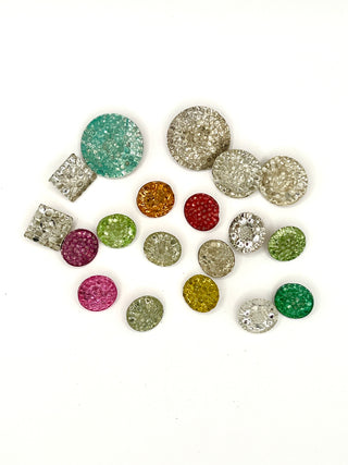 Colorful Antique Glass Button Lot – Dimpled Sparkle Texture, Mixed Shapes & Sizes, Set of 20