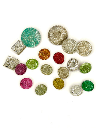 Colorful Antique Glass Button Lot – Dimpled Sparkle Texture, Mixed Shapes & Sizes, Set of 20