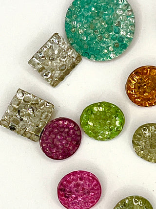 Colorful Antique Glass Button Lot – Dimpled Sparkle Texture, Mixed Shapes & Sizes, Set of 20