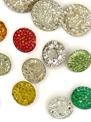 Colorful Antique Glass Button Lot – Dimpled Sparkle Texture, Mixed Shapes & Sizes, Set of 20
