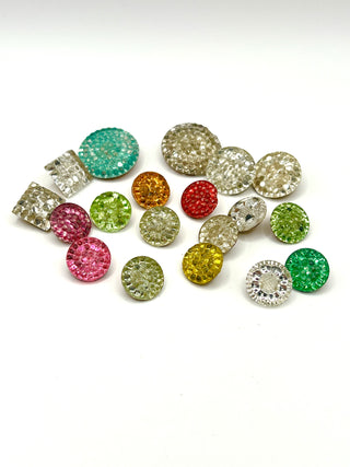 Colorful Antique Glass Button Lot – Dimpled Sparkle Texture, Mixed Shapes & Sizes, Set of 20