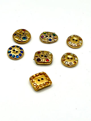 Rare Todd Oldham Signed 1990s Mini Crystal Buttons – 24KT Gold Plated, Set of 7