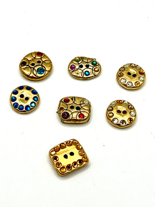 Rare Todd Oldham Signed 1990s Mini Crystal Buttons – 24KT Gold Plated, Set of 7