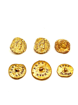 Vintage 1990s Handmade And Signed Unearthed 24kt Gold Plated Coin Button  Set of 6