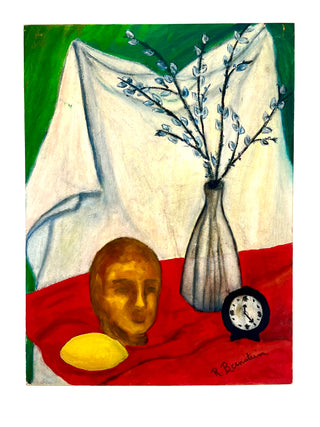 Vintage Found Surreal Still Life Painting – Clock, Head & Lemon – Todd Oldham Studio Collections