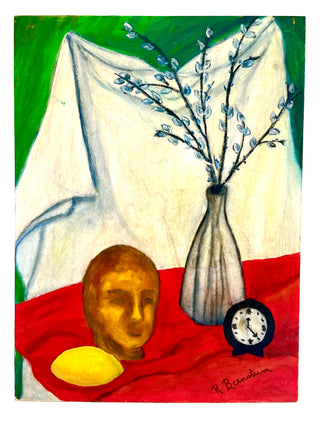 Vintage Found Surreal Still Life Painting – Clock, Head & Lemon – Todd Oldham Studio Collections