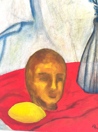 Vintage Found Surreal Still Life Painting – Clock, Head & Lemon – Todd Oldham Studio Collections