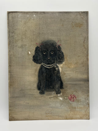 Todd Oldham Studio Collection - Vintage Found  Painting -  Pretty Black Dog With Pearls,  Bows with a Single Pink Rose