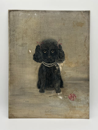 Todd Oldham Studio Collection - Vintage Found  Painting -  Pretty Black Dog With Pearls,  Bows with a Single Pink Rose
