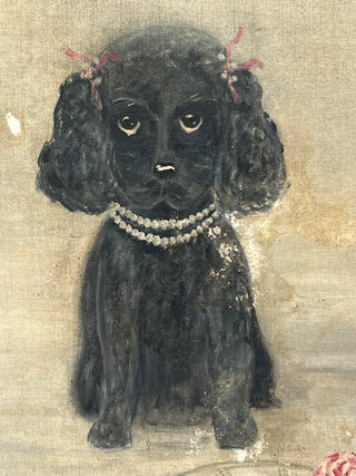 Todd Oldham Studio Collection - Vintage Found  Painting -  Pretty Black Dog With Pearls,  Bows with a Single Pink Rose