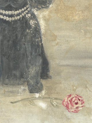 Todd Oldham Studio Collection - Vintage Found  Painting -  Pretty Black Dog With Pearls,  Bows with a Single Pink Rose