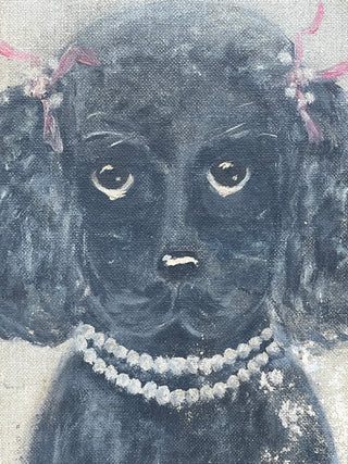 Todd Oldham Studio Collection - Vintage Found  Painting -  Pretty Black Dog With Pearls,  Bows with a Single Pink Rose