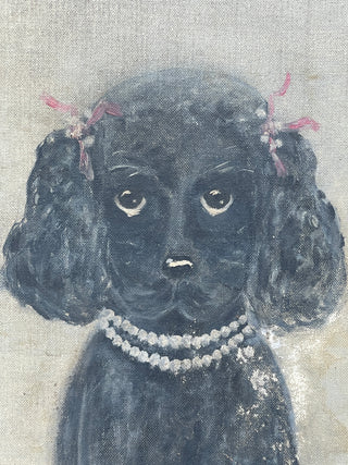 Todd Oldham Studio Collection - Vintage Found  Painting -  Pretty Black Dog With Pearls,  Bows with a Single Pink Rose