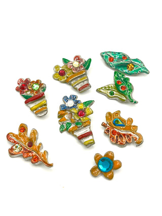 Set of 8 Vintage 1990s Todd Oldham Floral Buttons – Silver Plated Hand-Enameled Flowers & Leaves with Swarovski Crystals