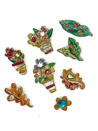 Set of 8 Vintage 1990s Todd Oldham Floral Buttons – Silver Plated Hand-Enameled Flowers & Leaves with Swarovski Crystals