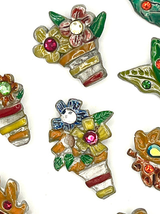 Set of 8 Vintage 1990s Todd Oldham Floral Buttons – Silver Plated Hand-Enameled Flowers & Leaves with Swarovski Crystals