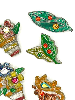 Set of 8 Vintage 1990s Todd Oldham Floral Buttons – Silver Plated Hand-Enameled Flowers & Leaves with Swarovski Crystals