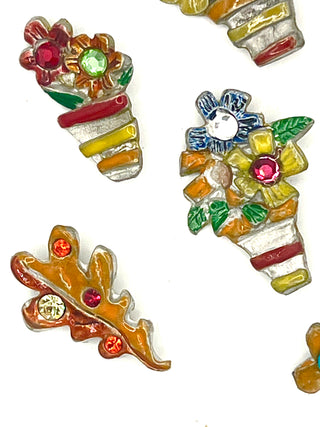 Set of 8 Vintage 1990s Todd Oldham Floral Buttons – Silver Plated Hand-Enameled Flowers & Leaves with Swarovski Crystals