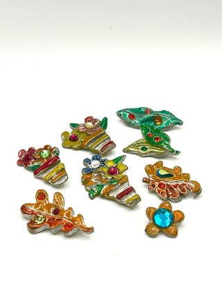 Set of 8 Vintage 1990s Todd Oldham Floral Buttons – Silver Plated Hand-Enameled Flowers & Leaves with Swarovski Crystals