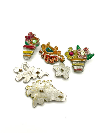 Set of 8 Vintage 1990s Todd Oldham Floral Buttons – Silver Plated Hand-Enameled Flowers & Leaves with Swarovski Crystals
