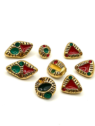 Set of 8 Vintage Todd Oldham Buttons Signed 1994 – 24K Gold Plated Hand-Enameled Ebonized Buttons with Swarovski Crystals