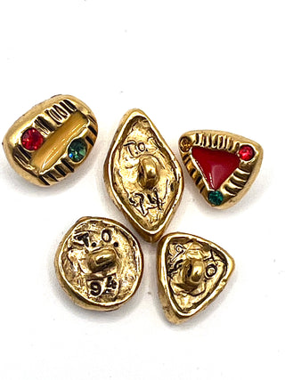 Set of 8 Vintage Todd Oldham Buttons Signed 1994 – 24K Gold Plated Hand-Enameled Ebonized Buttons with Swarovski Crystals