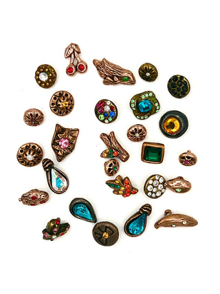 Set #2  of 26 Vintage Todd Oldham Copper Plated Buttons Signed 1994–1996 – Mini Mixed Grab Bag with Swarovski Crystals