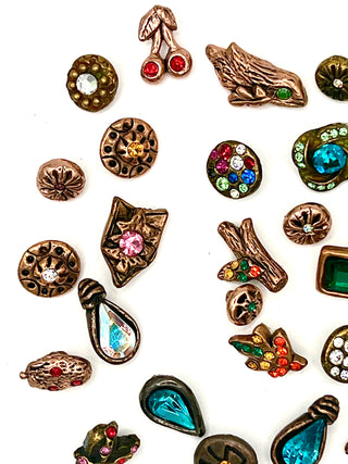 Set #2  of 26 Vintage Todd Oldham Copper Plated Buttons Signed 1994–1996 – Mini Mixed Grab Bag with Swarovski Crystals