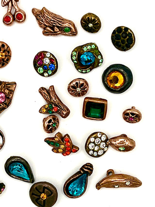 Set #1  of 26 Vintage Todd Oldham Copper Plated Buttons Signed 1994–1996 – Mini Mixed Grab Bag with Swarovski Crystals