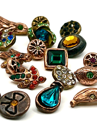 Set #2  of 26 Vintage Todd Oldham Copper Plated Buttons Signed 1994–1996 – Mini Mixed Grab Bag with Swarovski Crystals