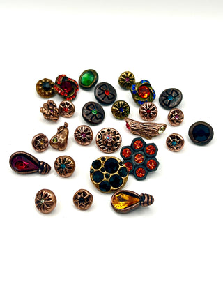 Set #1  of 26 Vintage Todd Oldham Copper Plated Buttons Signed 1994–1996 – Mini Mixed Grab Bag with Swarovski Crystals