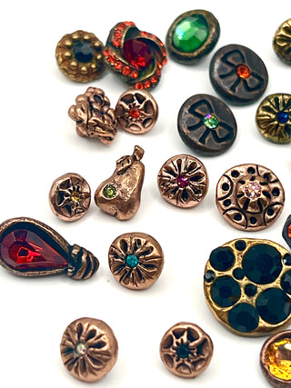 Set #1  of 26 Vintage Todd Oldham Copper Plated Buttons Signed 1994–1996 – Mini Mixed Grab Bag with Swarovski Crystals