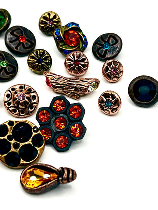Set #1  of 26 Vintage Todd Oldham Copper Plated Buttons Signed 1994–1996 – Mini Mixed Grab Bag with Swarovski Crystals