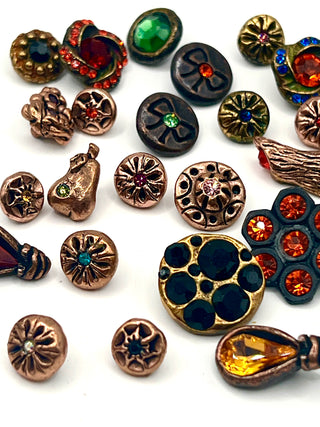 Set #1  of 26 Vintage Todd Oldham Copper Plated Buttons Signed 1994–1996 – Mini Mixed Grab Bag with Swarovski Crystals