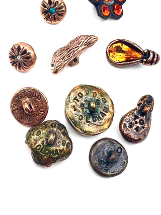Set #1  of 26 Vintage Todd Oldham Copper Plated Buttons Signed 1994–1996 – Mini Mixed Grab Bag with Swarovski Crystals