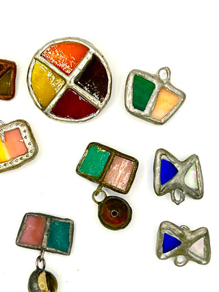 Todd Oldham 1990s Handmade Stained Glass Button Lot – 11 Assorted Shapes, Colors & Sizes