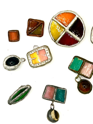Todd Oldham 1990s Handmade Stained Glass Button Lot – 11 Assorted Shapes, Colors & Sizes