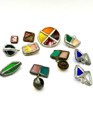 Todd Oldham 1990s Handmade Stained Glass Button Lot – 11 Assorted Shapes, Colors & Sizes