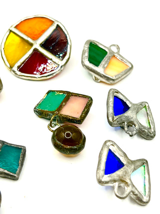 Todd Oldham 1990s Handmade Stained Glass Button Lot – 11 Assorted Shapes, Colors & Sizes