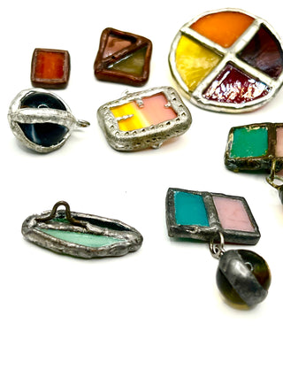 Todd Oldham 1990s Handmade Stained Glass Button Lot – 11 Assorted Shapes, Colors & Sizes