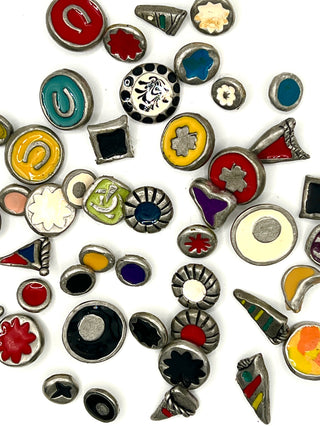 Set of 40 Vintage Todd Oldham Enamel Buttons – Mixed 1990s Signed And Dated Button Grab Bag