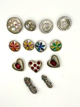 Set of 13 Vintage Todd Oldham Buttons – 1994–1996 Silver-Plated Mixed Grab Bag #1 - Lacquered Details & Swarovski Crystals