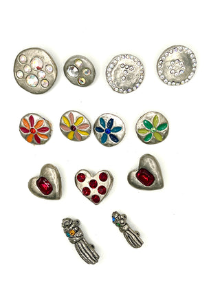 Set of 13 Vintage Todd Oldham Buttons – 1994–1996 Silver-Plated Mixed Grab Bag #1 - Lacquered Details & Swarovski Crystals