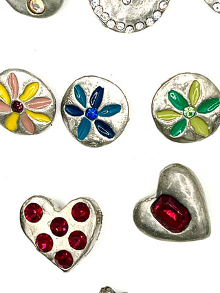 Set of 13 Vintage Todd Oldham Buttons – 1994–1996 Silver-Plated Mixed Grab Bag #1 - Lacquered Details & Swarovski Crystals