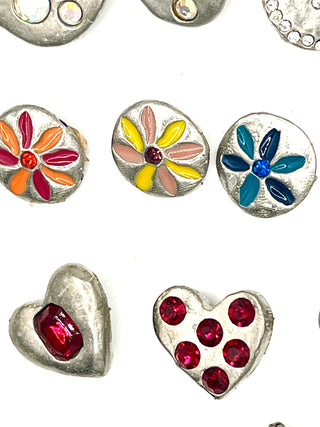 Set of 13 Vintage Todd Oldham Buttons – 1994–1996 Silver-Plated Mixed Grab Bag #1 - Lacquered Details & Swarovski Crystals