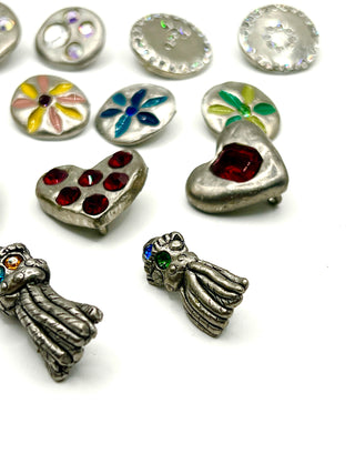 Set of 13 Vintage Todd Oldham Buttons – 1994–1996 Silver-Plated Mixed Grab Bag #1 - Lacquered Details & Swarovski Crystals